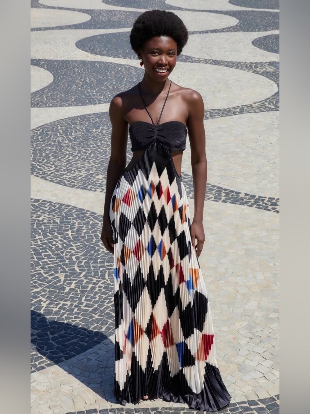 FARM Rio Black Bandeau Maxi Dress with Multicolor Diamond Print